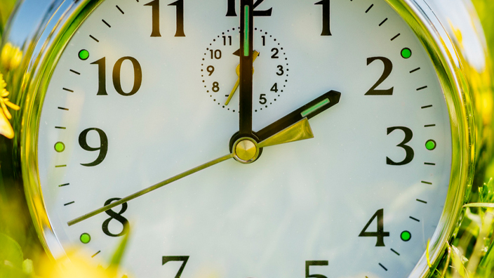 An analog clock displaying 2 o’clock and sitting among yellow flowers