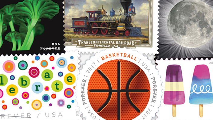 A collage of six USPS stamps that used innovative printing techniques.