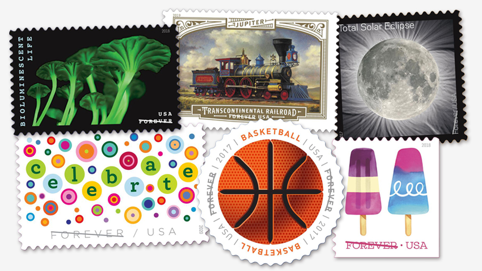 A collage of six USPS stamps that used innovative printing techniques.