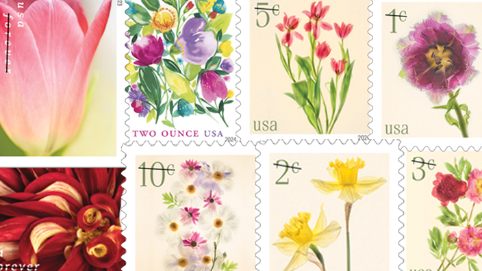 A collage of recent USPS stamps featuring flowers