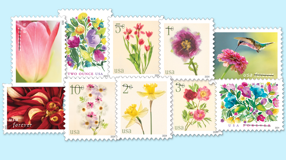 A collage of recent USPS stamps featuring flowers