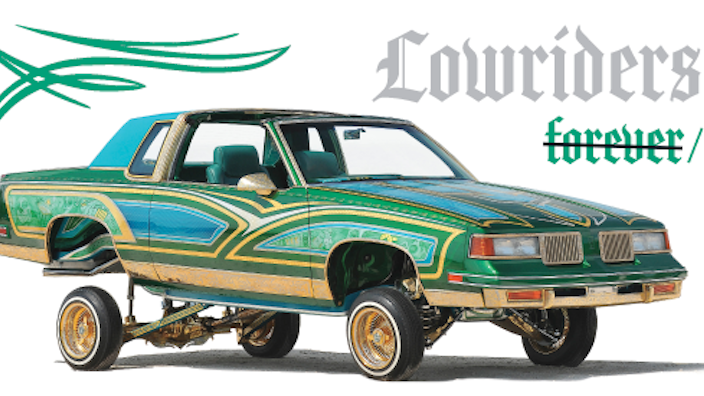 Stamps showing five colorful lowrider automobiles