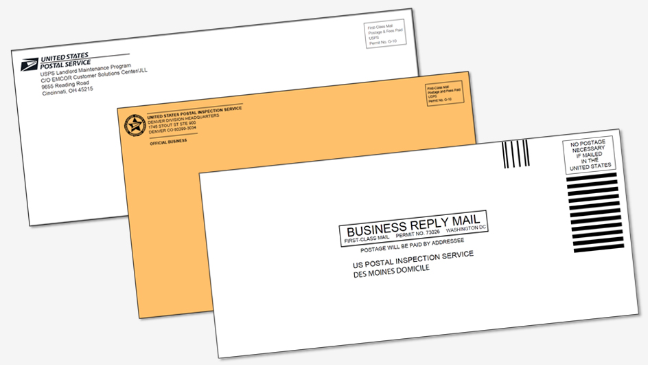 Three printed envelopes stacked on one another