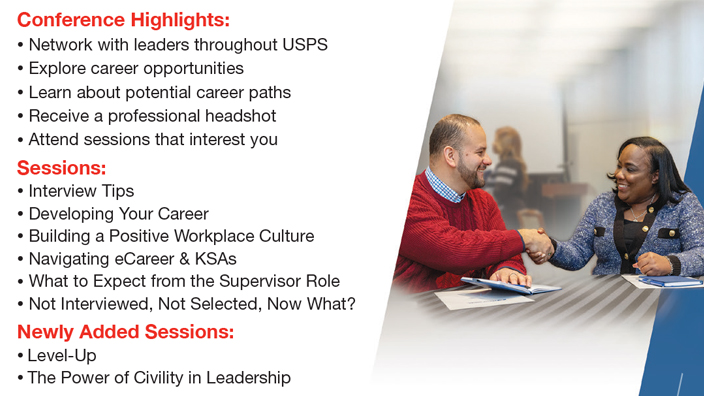 An image of a USPS employee mailer listing career conference information
