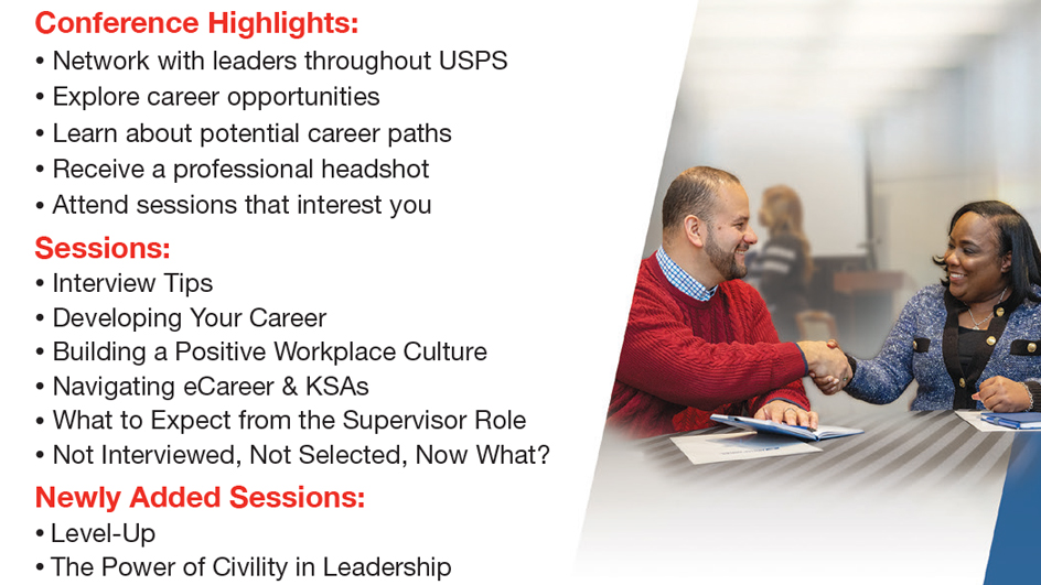 An image of a USPS employee mailer listing career conference information