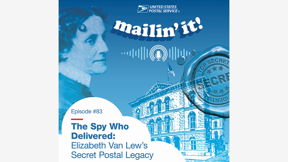 The logo for the USPS podcast displaying the words Mailing It and an image of a woman and a brick building.