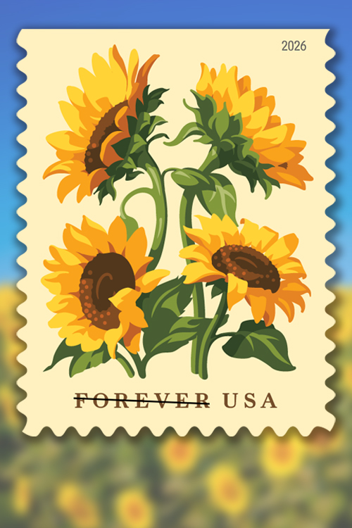 A stamp with four sunflowers on a yellow background
