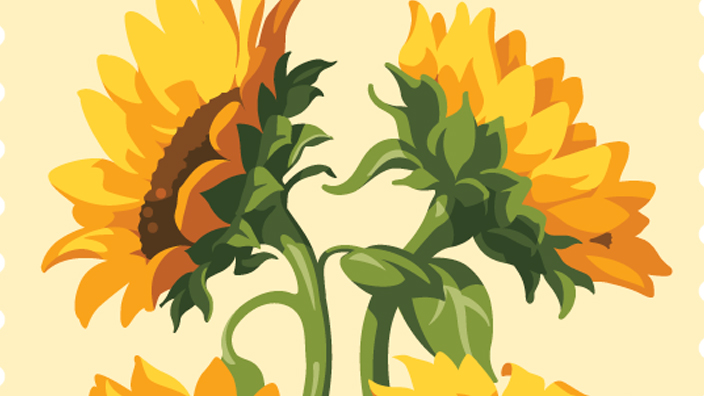 A stamp with four sunflowers on a yellow background