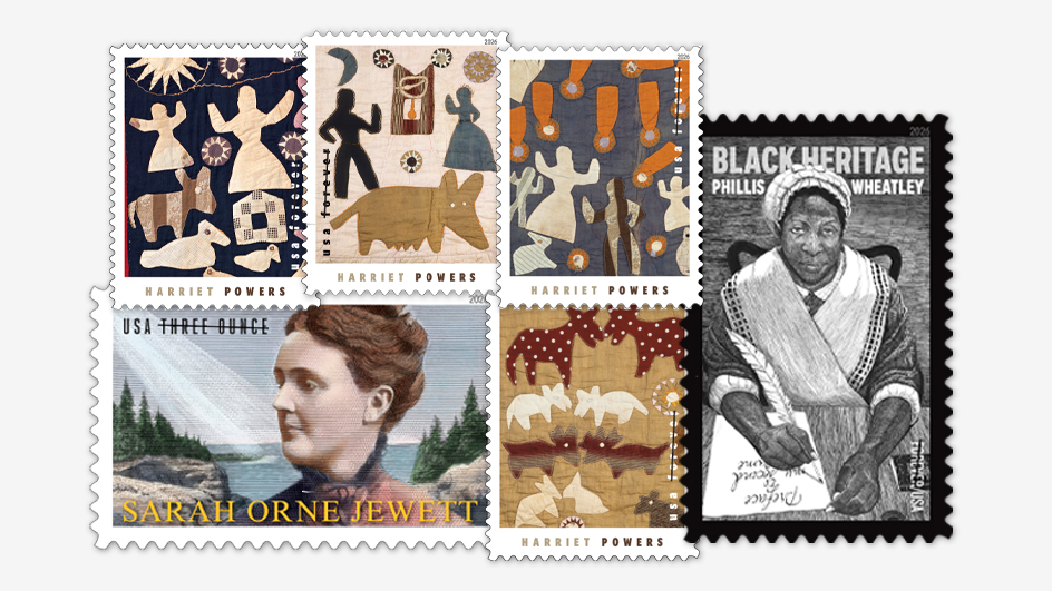 A collage of images of the Harriet Powers, Phillis Wheatley and Sarah Orne Jewett stamps