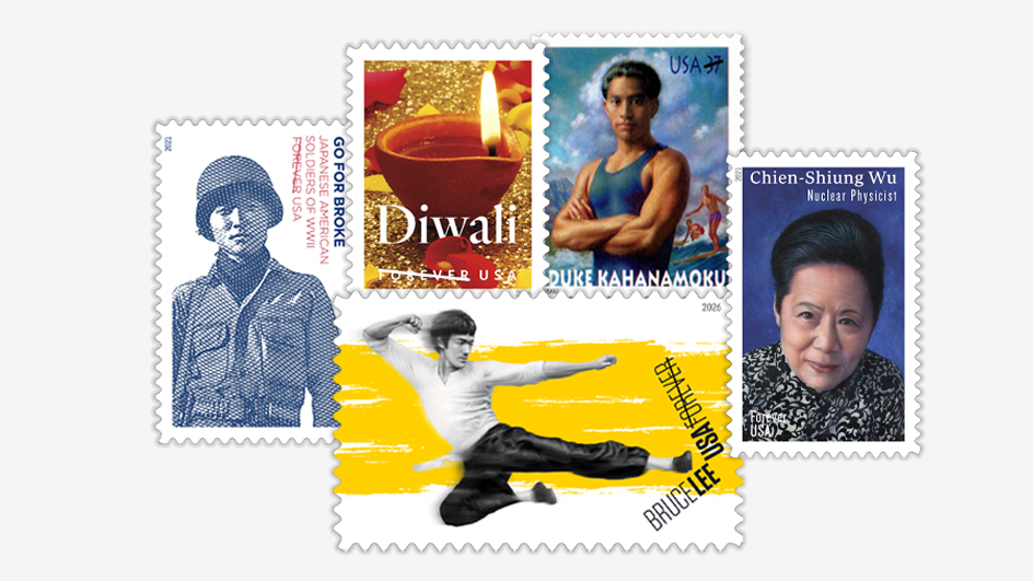 A collage of Asian-themed USPS stamps