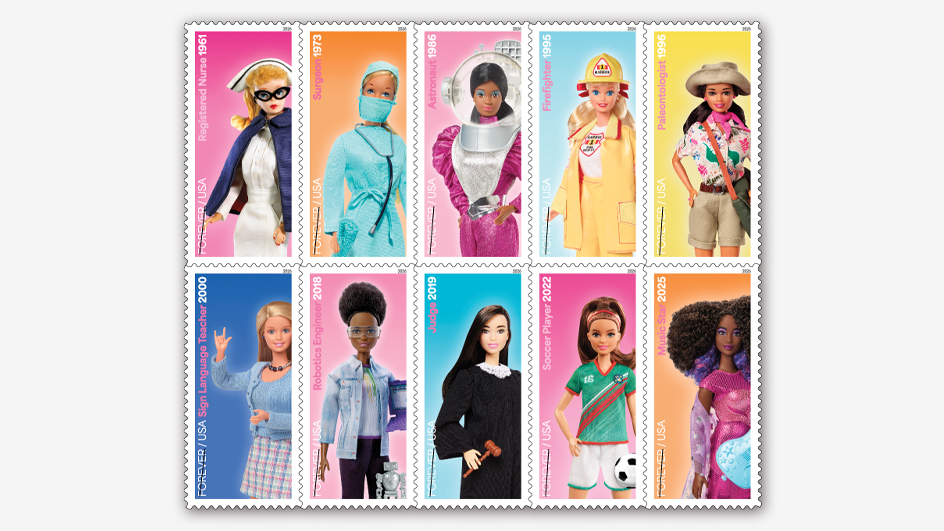 Images of to-be-released Barbie stamps showing the doll dressed for 10 different careers