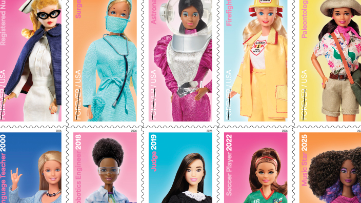 Images of to-be-released Barbie stamps showing the doll dressed for 10 different careers