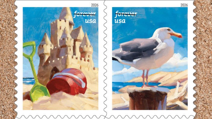 The four A Day at the Beach stamps