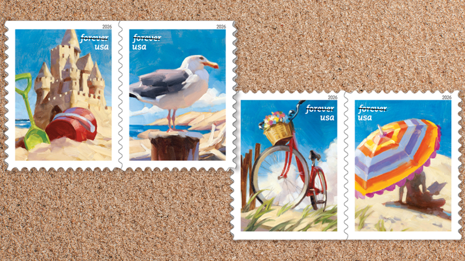 The four A Day at the Beach stamps