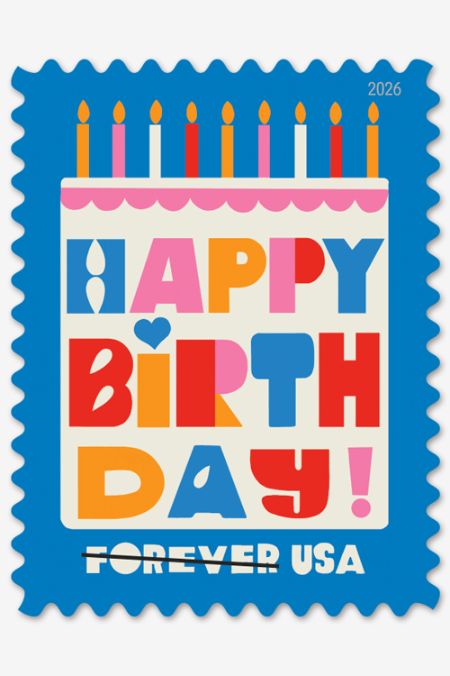A postage stamp that shows a stylized image of a white birthday caked on a blue background.