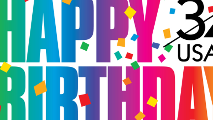 A 34-cent postage stamp with the words “HAPPY BIRTHDAY” spelled out in rainbow colors