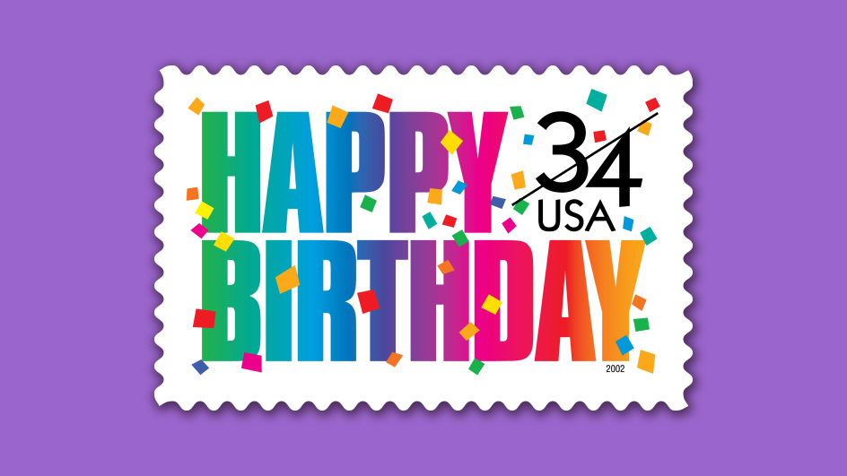 A 34-cent postage stamp with the words “HAPPY BIRTHDAY” spelled out in rainbow colors