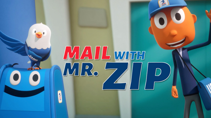 Animated eagle and mailbox beside a postal worker with the text “Mail with Mr. ZIP”