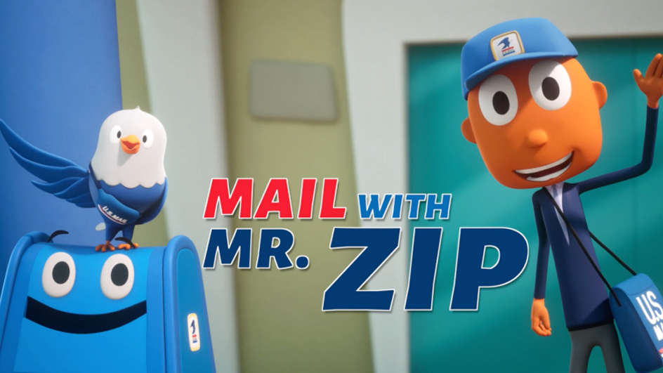 Animated eagle and mailbox beside a postal worker with the text “Mail with Mr. ZIP”