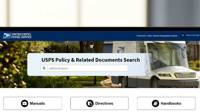 A close-up image of a computer monitor displaying the user interface for the Policy Lifecycle Management System.