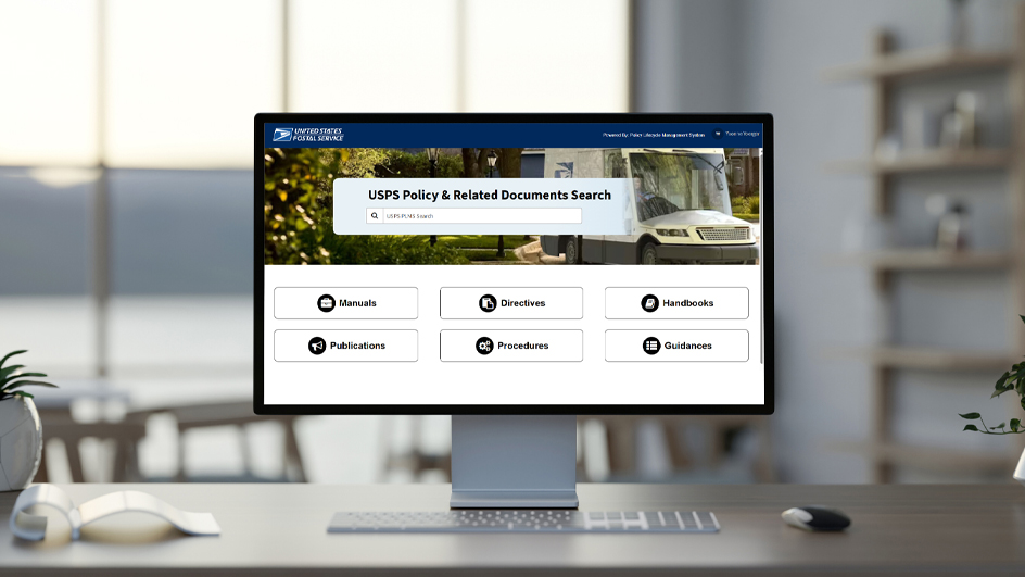 A close-up image of a computer monitor displaying the user interface for the Policy Lifecycle Management System.