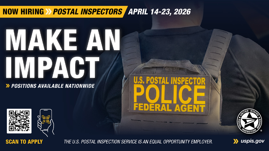 Inspection service recruitment graphic displaying a someone wearing a tactical vest and application acceptance dates