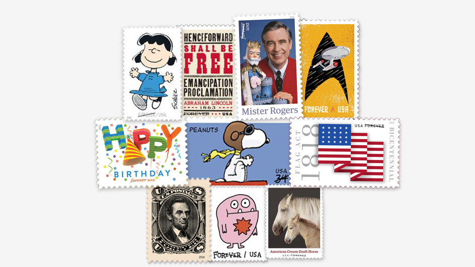 A collage of stamps featuring designs from the Peanuts, Emancipation Proclamation, Classics Forever, Star Trek, Flag Act of 1818, Mister Rogers, Heritage Breeds, Message Monsters, Happy Birthday and Charles M. Schulz releases.