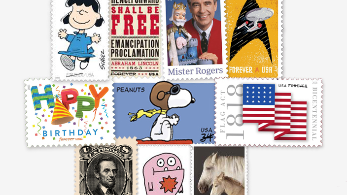 A collage of stamps featuring designs from the Peanuts, Emancipation Proclamation, Classics Forever, Star Trek, Flag Act of 1818, Mister Rogers, Heritage Breeds, Message Monsters, Happy Birthday and Charles M. Schulz releases.