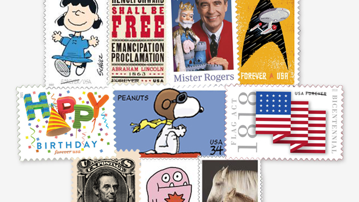 A collage of stamps featuring designs from the Peanuts, Emancipation Proclamation, Classics Forever, Star Trek, Flag Act of 1818, Mister Rogers, Heritage Breeds, Message Monsters, Happy Birthday and Charles M. Schulz releases.