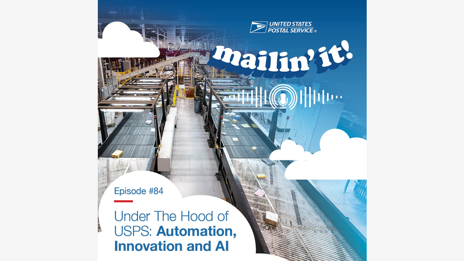 The logo for the USPS podcast displaying the words “Mailin’ It” and an image of a woman and a brick building.