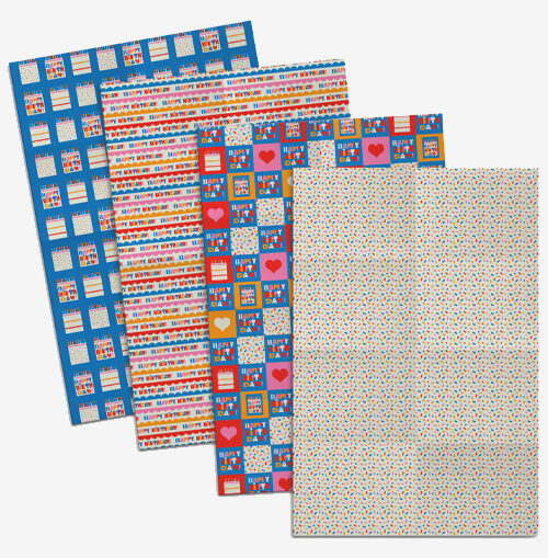 Four sheets of Happy Birthday stamp-themed wrapping paper in pink, blue, orange and white