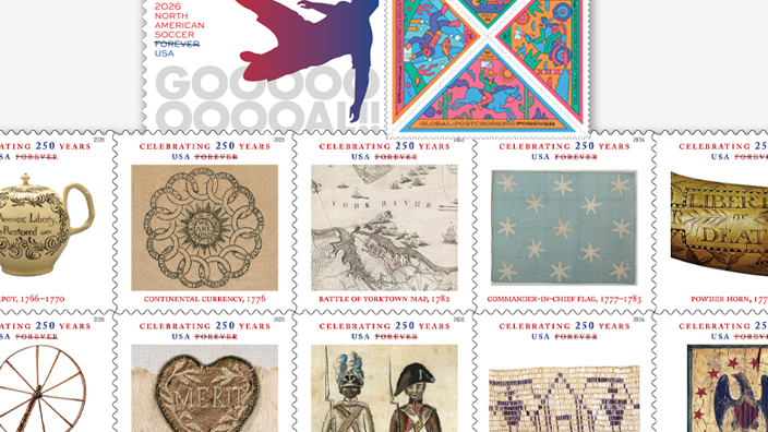 A collage of stamps composed of North American Soccer, Postcrossing and Treasures of the Revolutionary Era
