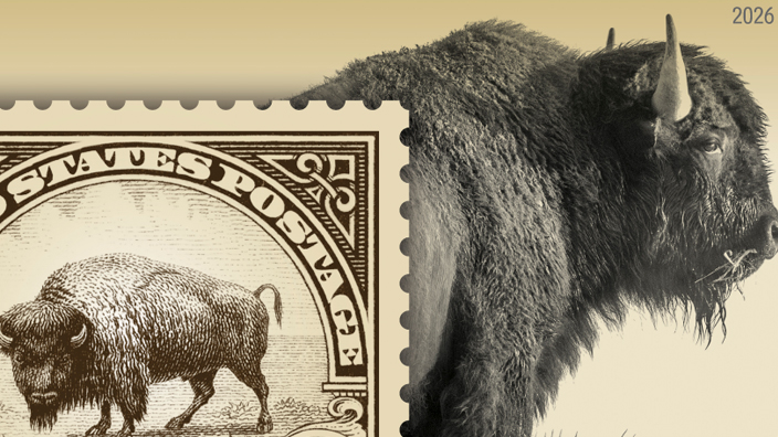The sepia-toned American Bison stamp contains a modern photo of the animal with along with an inset image of a stamp of that animal that was issued in 1923.