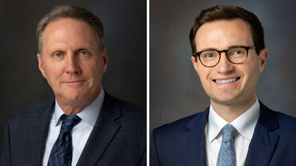 Side-by-side portraits of two men wearing suits and ties against a dark backdrop