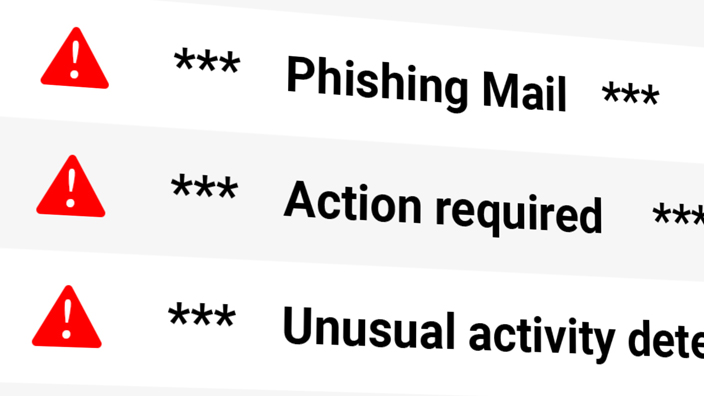 An email inbox displaying messages labeled with a red security icon to indicate possible malicious content