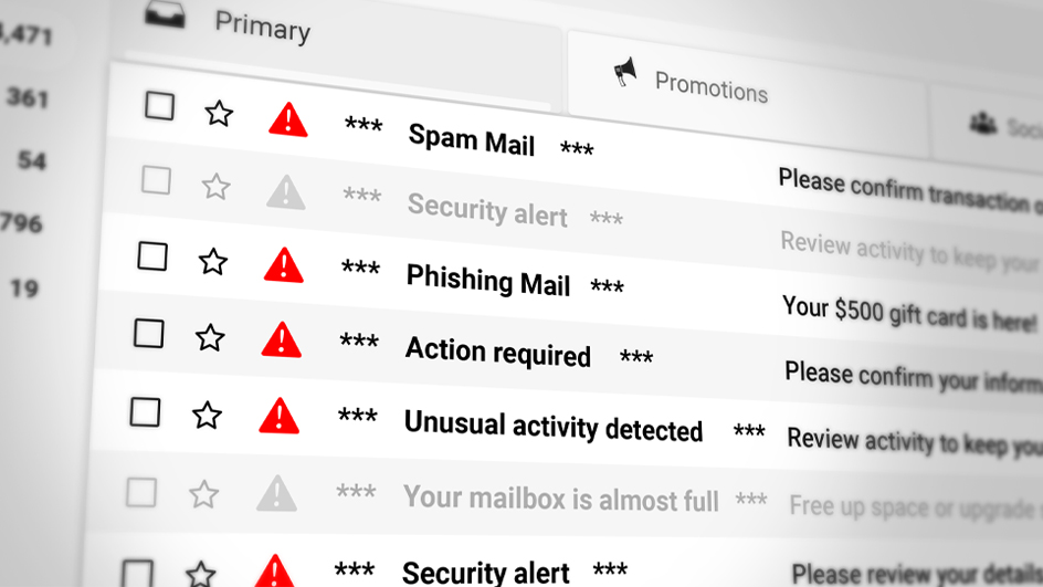 An email inbox displaying messages labeled with a red security icon to indicate possible malicious content
