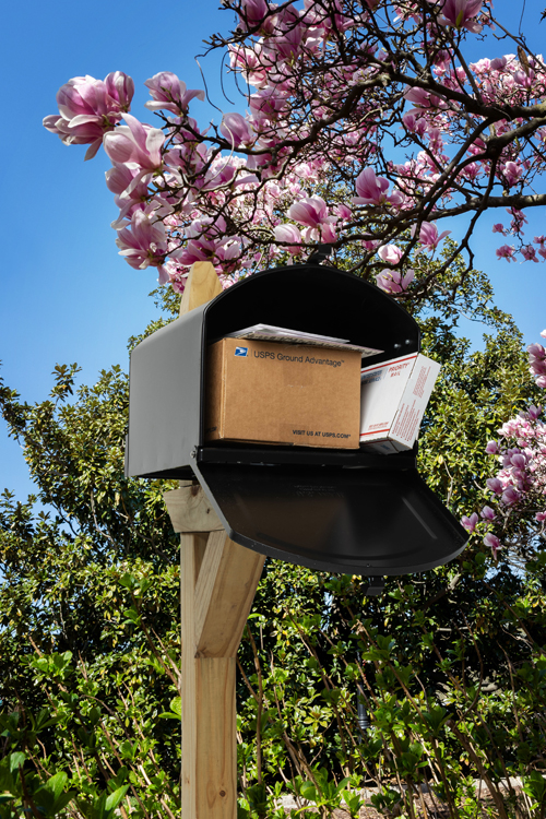 Black mailbox mounted on a wooden post with its door open and displaying a Priority Mail box and a USPS Ground Advantage box