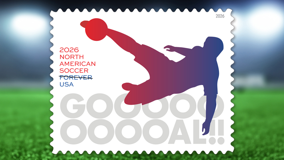 An image of the USPS North American Soccer stamp showing a soccer player in mid-air striking a ball with his foot.