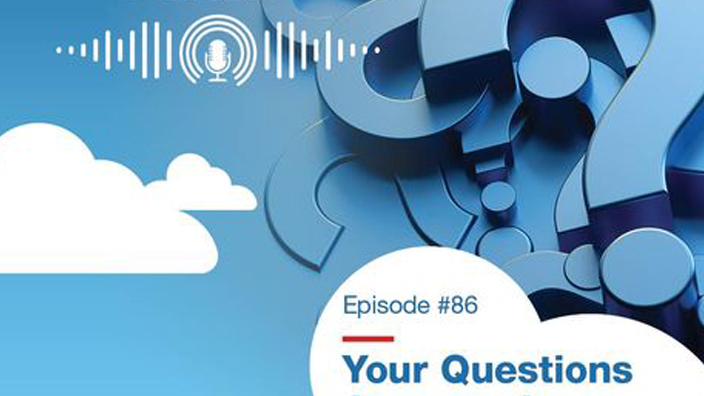 he logo for the USPS podcast displaying the words “Mailin’ It!” and several question marks floating among clouds