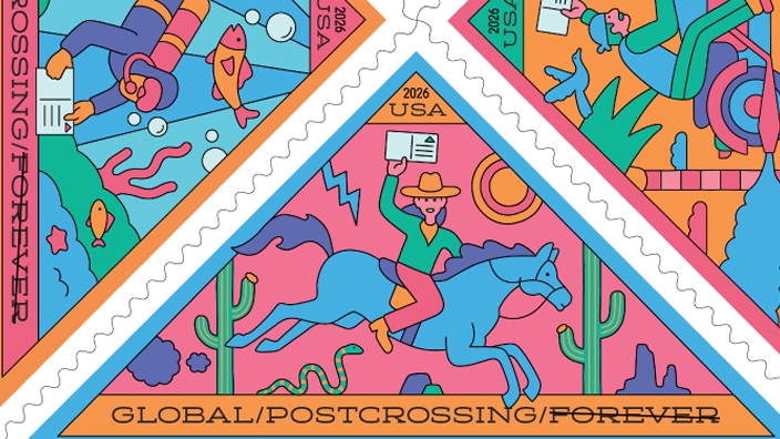 The four USPS triangular Postcrossing stamps