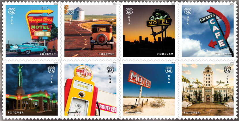 Eight Route 66 postage stamps over a blurred background image of the Route 66 highway pavement