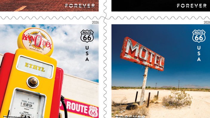 Eight Route 66 postage stamps over a blurred background image of the Route 66 highway pavement