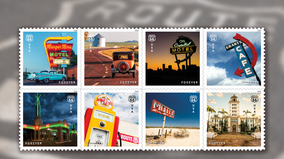 Eight Route 66 postage stamps over a blurred background image of the Route 66 highway pavement