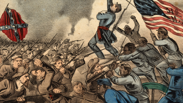 A historical illustration of black U.S. Army soldiers charging at Confederate troops