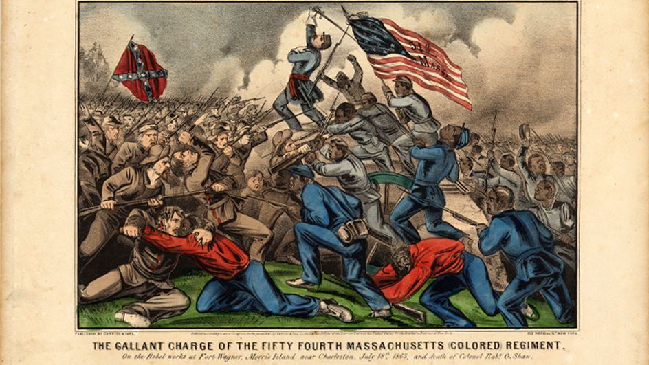 A historical illustration of black U.S. Army soldiers charging at Confederate troops