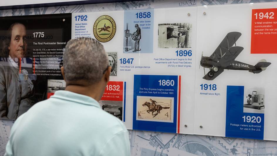 Man looking at a display showing a timeline of USPS history