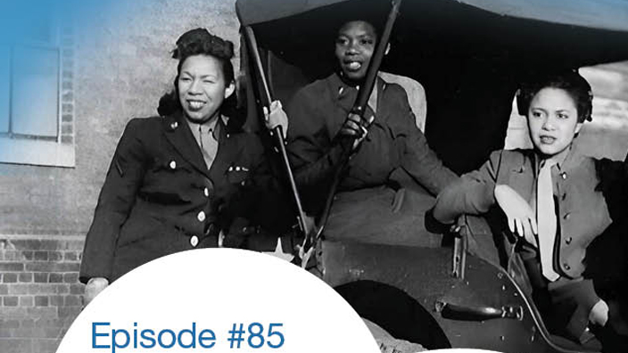 The logo for the USPS podcast displaying the words “Mailin’ It!” and a black-and-white image of four women in front of an Army jeep.