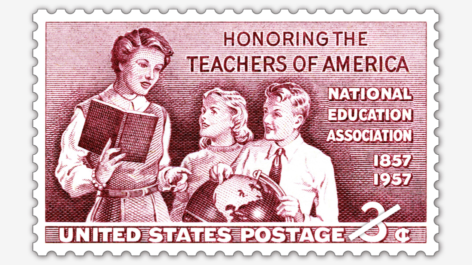 Postage stamp image showing a teacher and two children