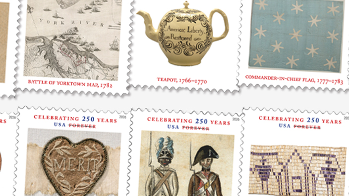 Ten stamps from the Treasures of the Revolutionary Era collection showing images of currency, a map of the Battle of Yorktown, a teapot, the commander-in-chief flag, a powder horn, a spinning wheel, the Badge of Military Merit, a watercolor painting, a wampum belt and a patriotic signboard.