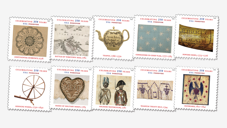 Ten stamps from the Treasures of the Revolutionary Era collection showing images of currency, a map of the Battle of Yorktown, a teapot, the commander-in-chief flag, a powder horn, a spinning wheel, the Badge of Military Merit, a watercolor painting, a wampum belt and a patriotic signboard.